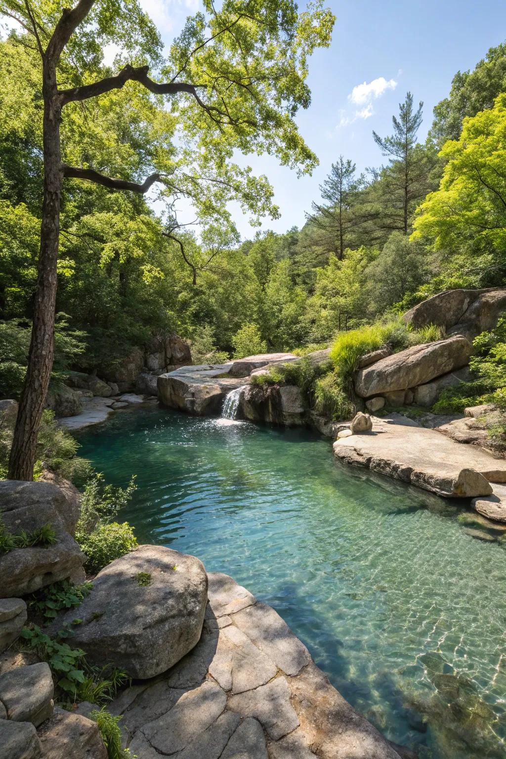 A natural rock slide adds adventure and fun to this pool design.