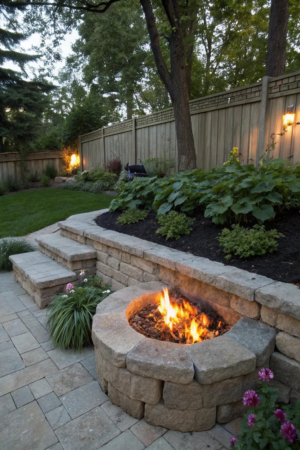 A welcoming fire pit area built into a stone retaining wall.