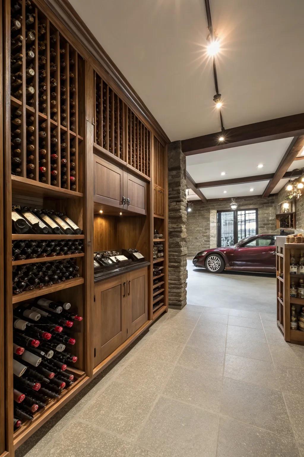 A garage with a chic wine cellar for the connoisseur.