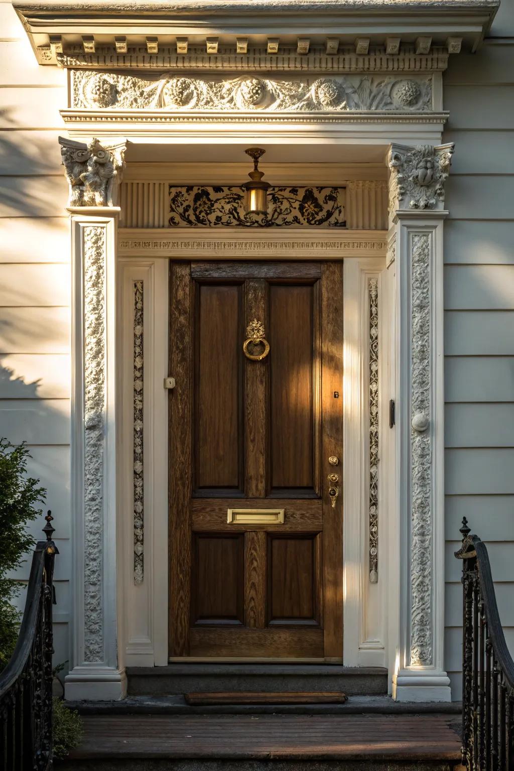 Decorative trim adds architectural interest to the door.