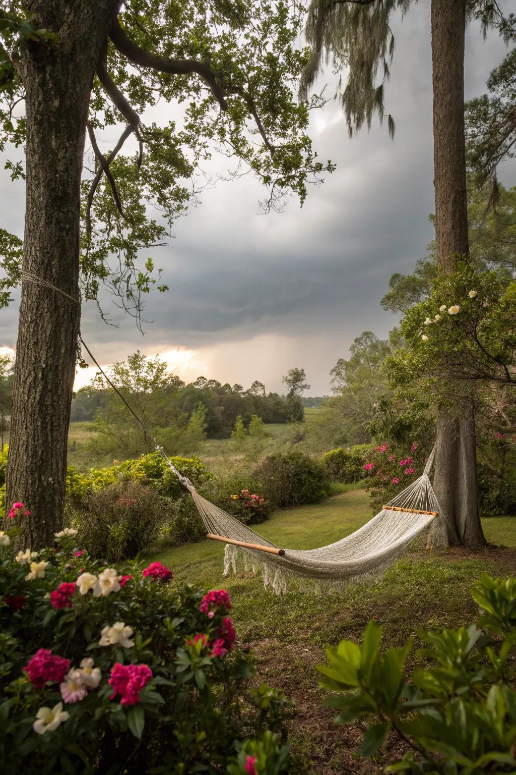 A hammock offers a peaceful retreat in a lush garden setting.