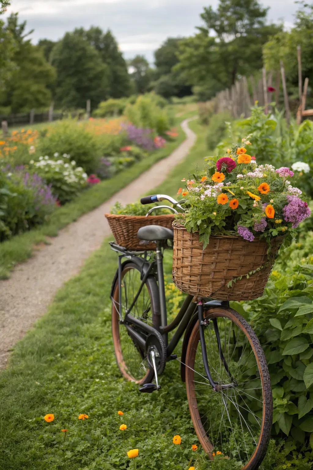 An edible garden bicycle offers beauty and flavor.