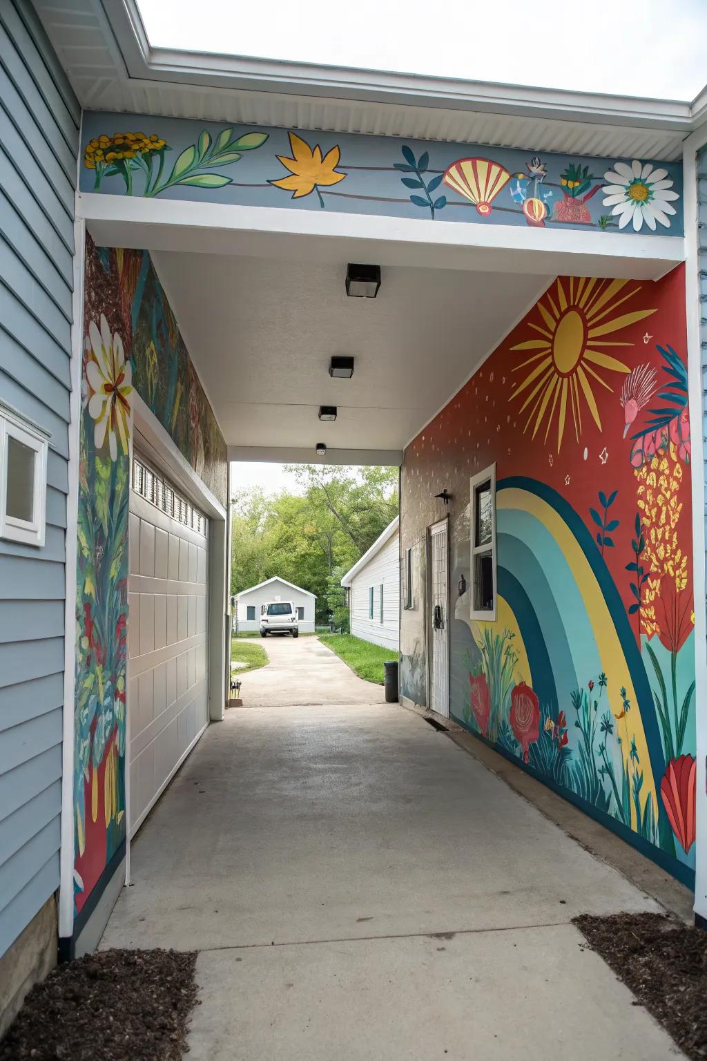 Wall murals provide artistic flair to breezeways.