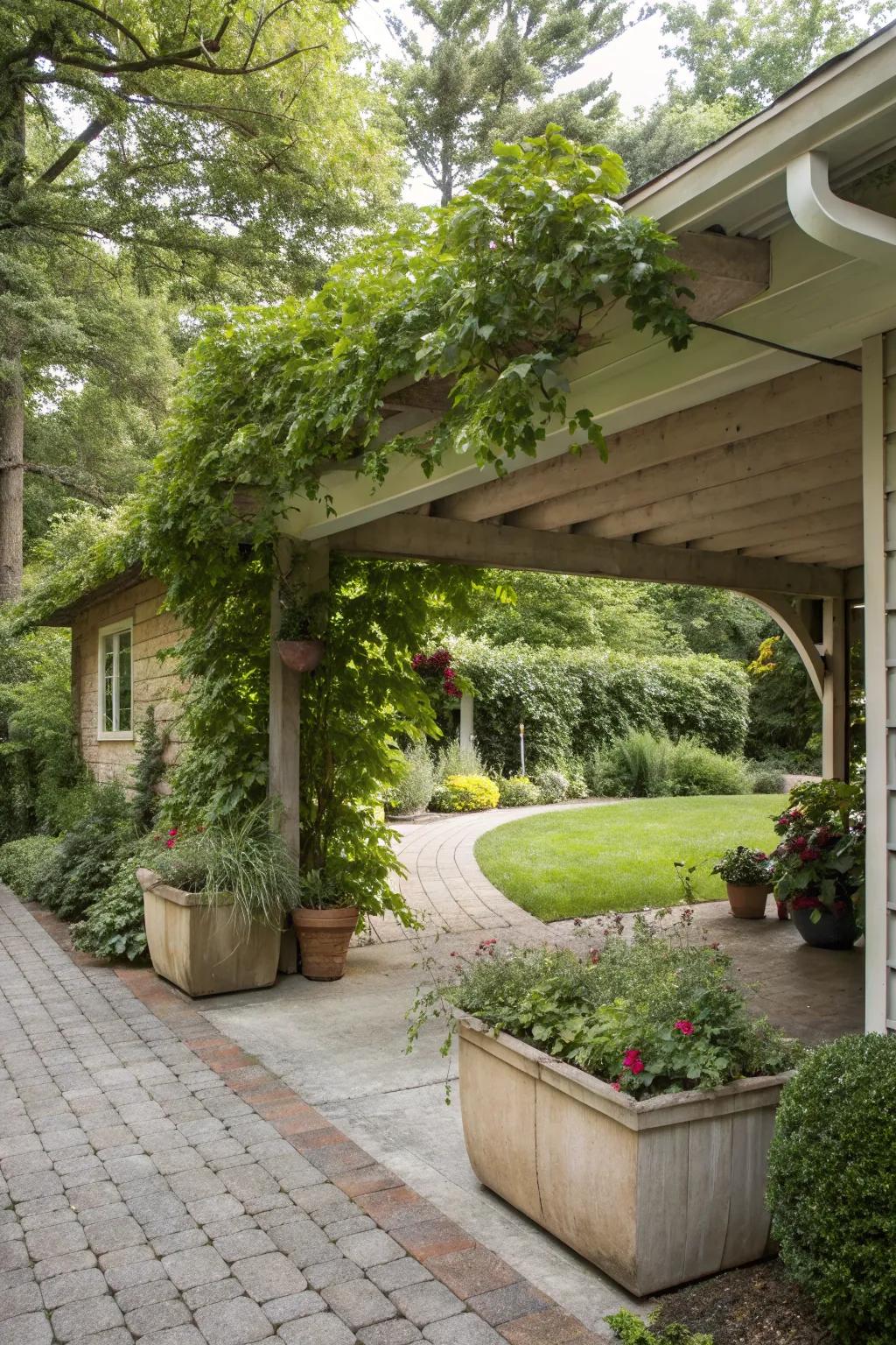 Planters add a lush, green touch.