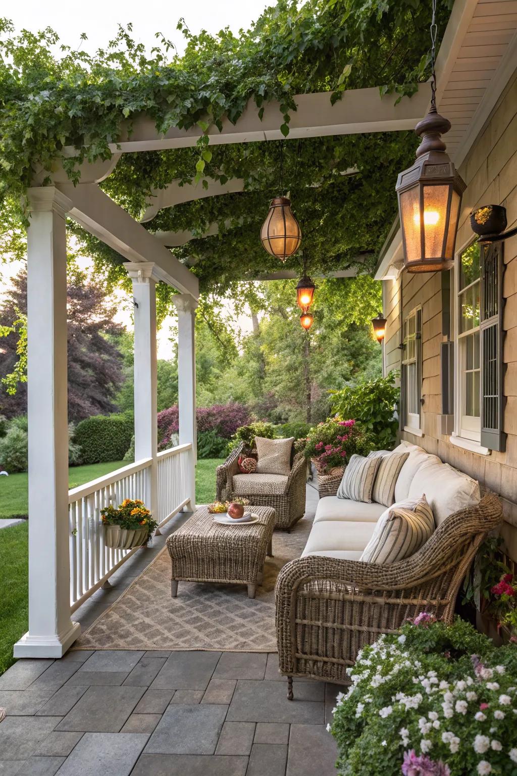 A covered porch option offers shade and comfort.