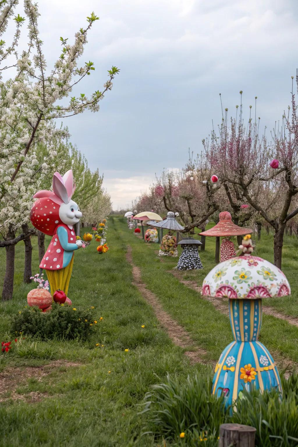 Art installations add a whimsical and personal touch to the orchard.