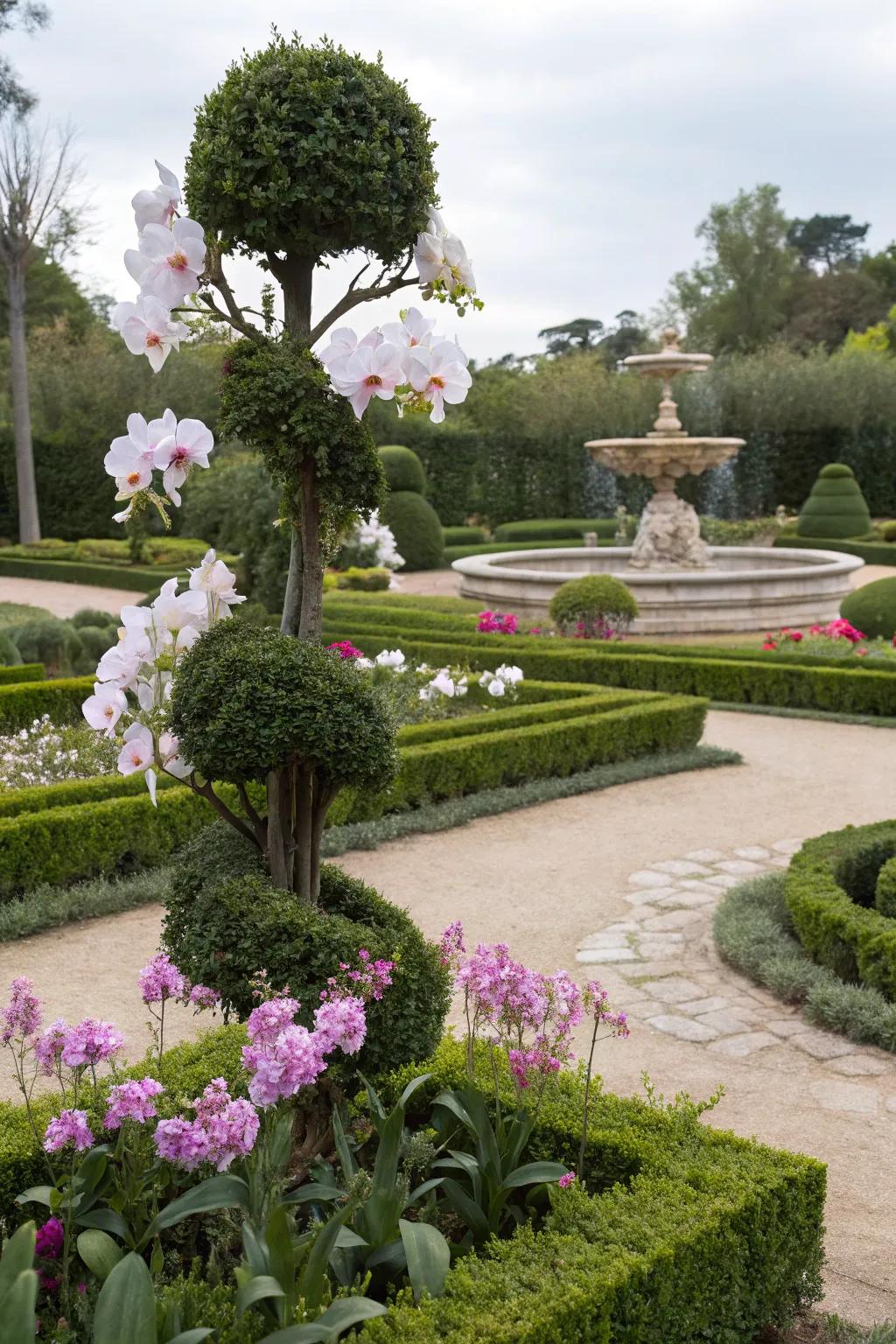 Orchid topiary adds an artistic and formal element to gardens.