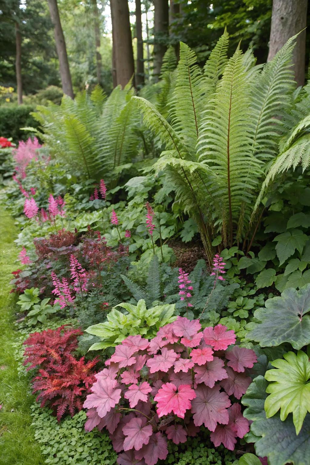 A colorful combination of ostrich ferns and Coral Bells.