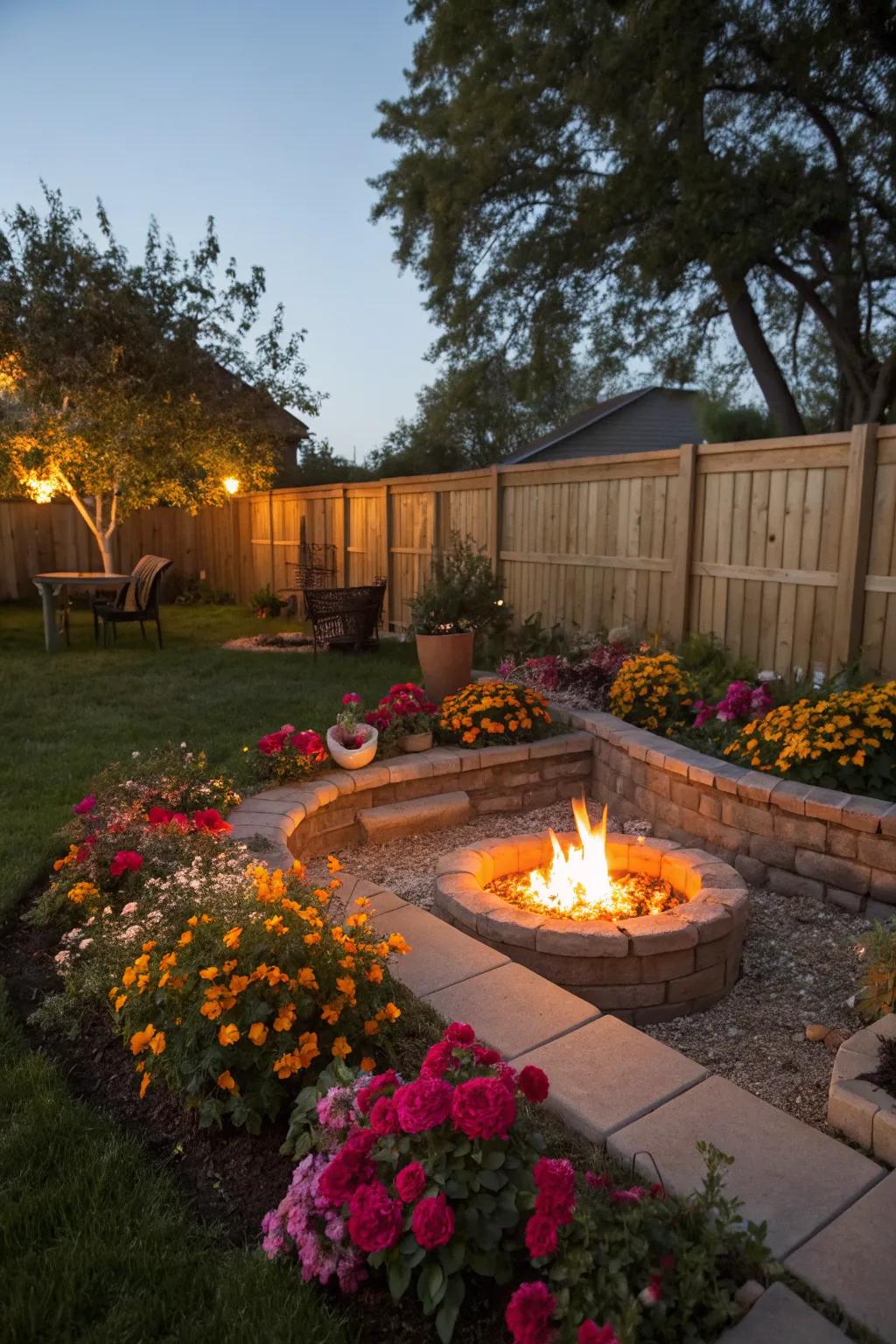 Flower beds bring color and fragrance to your fire pit gatherings.