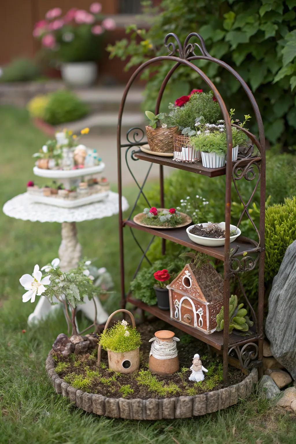 A whimsical fairy garden on a baker's rack, enchanting visitors with its magic.