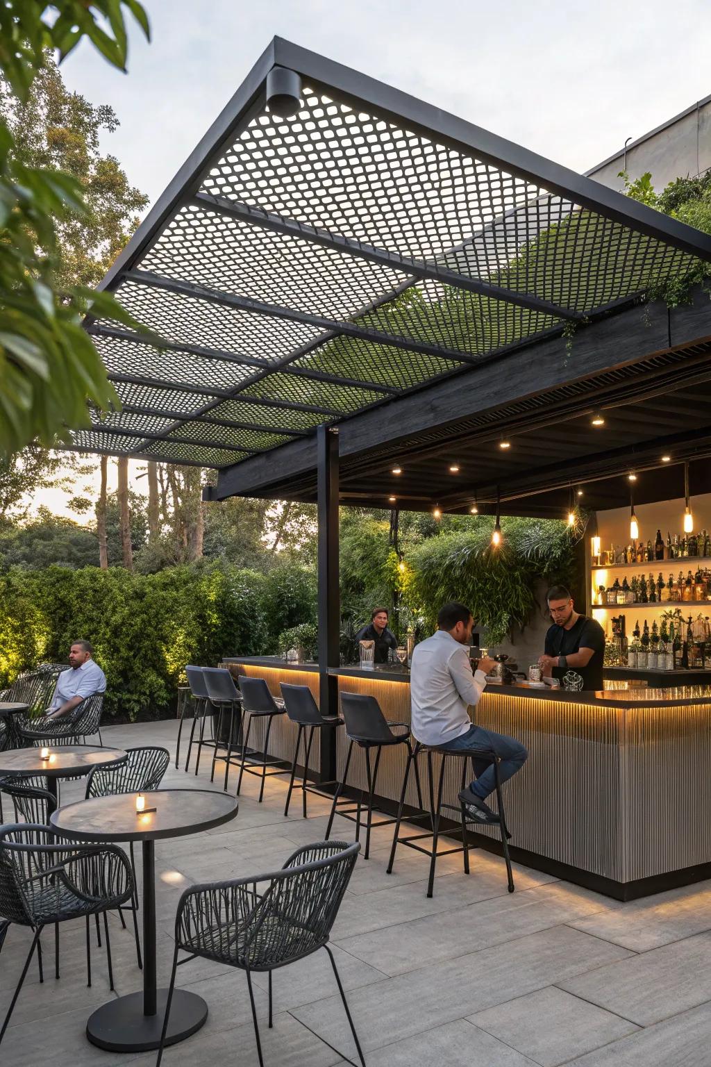 A metal lattice provides a modern and artistic cover for your outdoor bar.