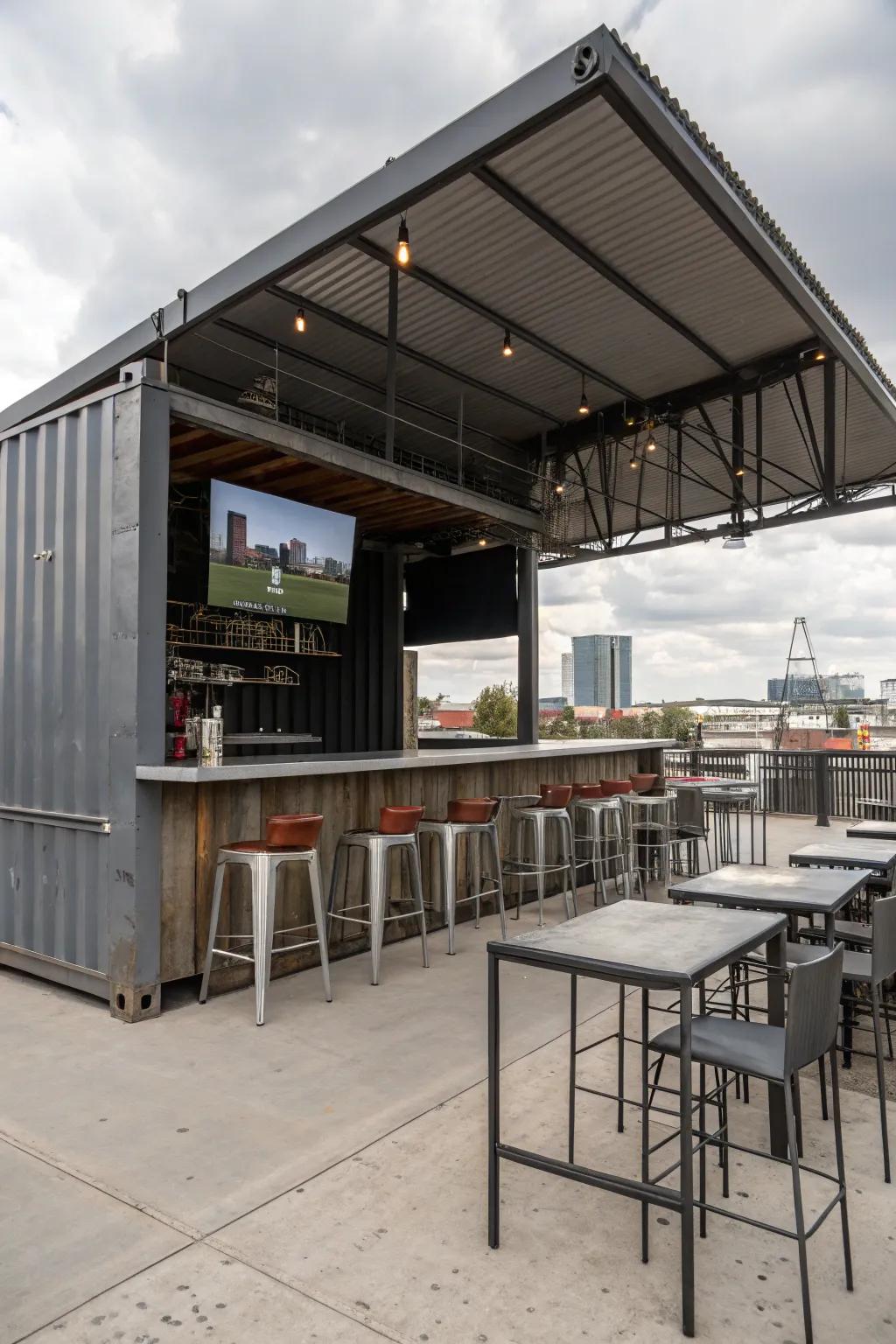 Industrial chic meets outdoor entertainment in this unique bar setup.