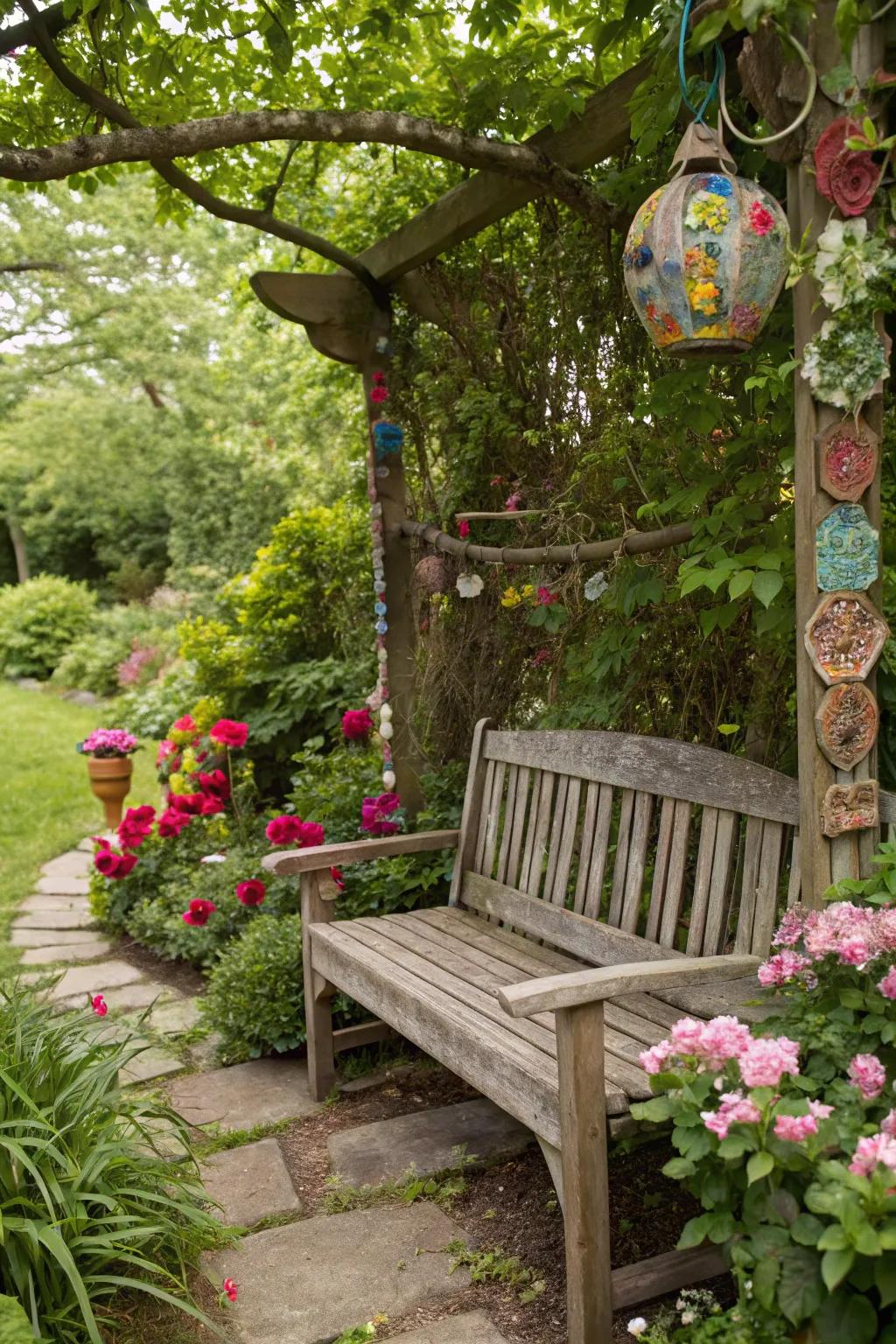 An eco-friendly bench decorated with recycled materials.