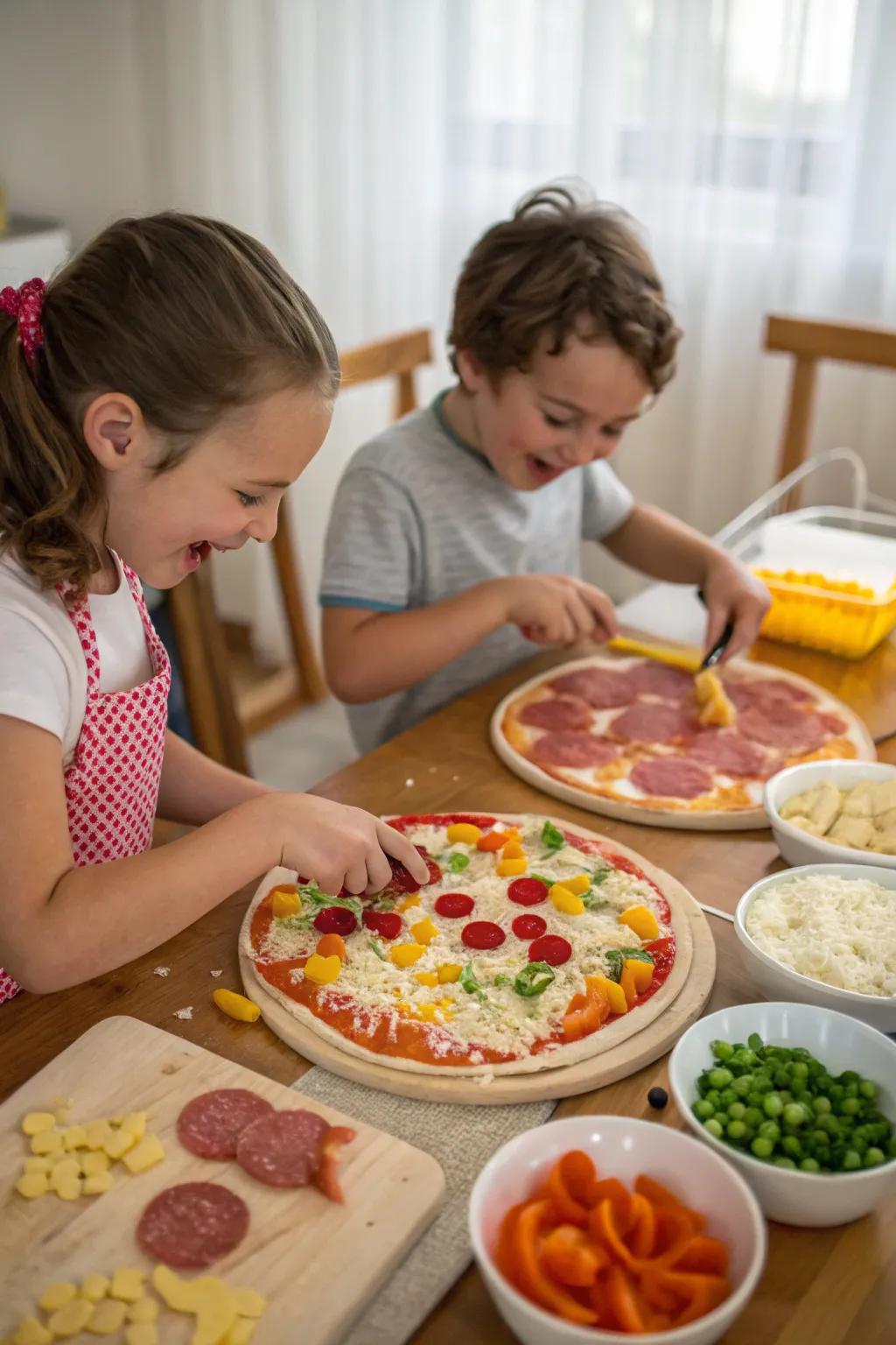 Kids crafting their own delicious mini pizzas with a variety of toppings.