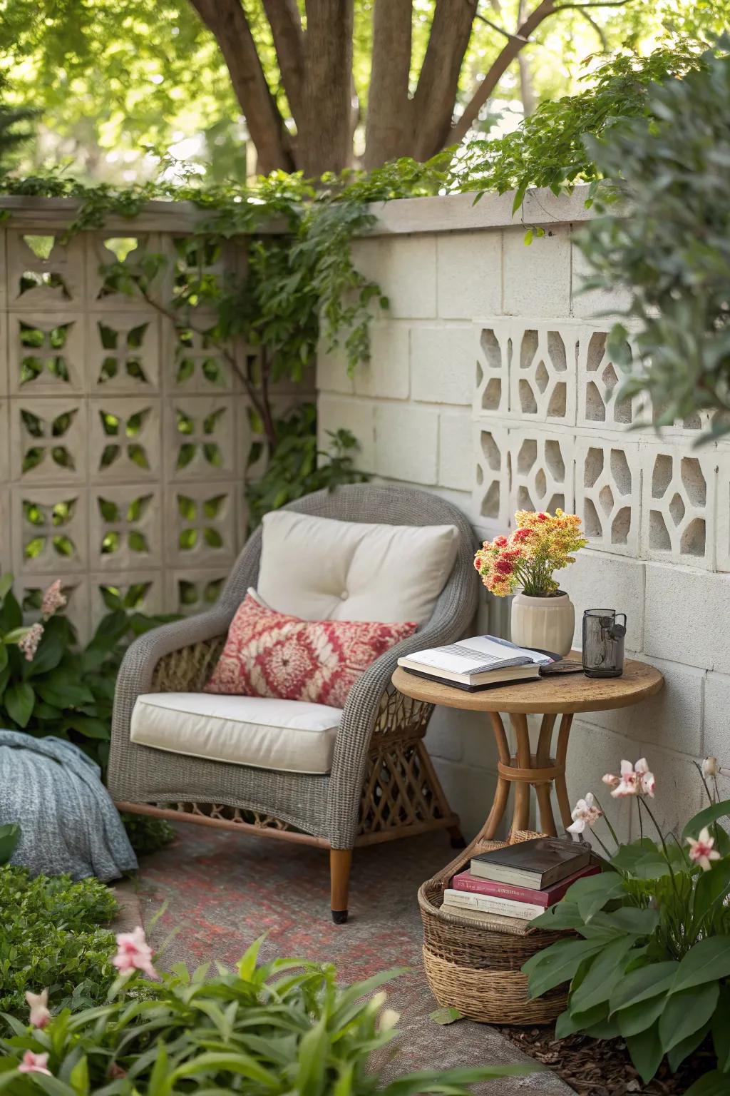 A cozy garden nook with a breeze block wall