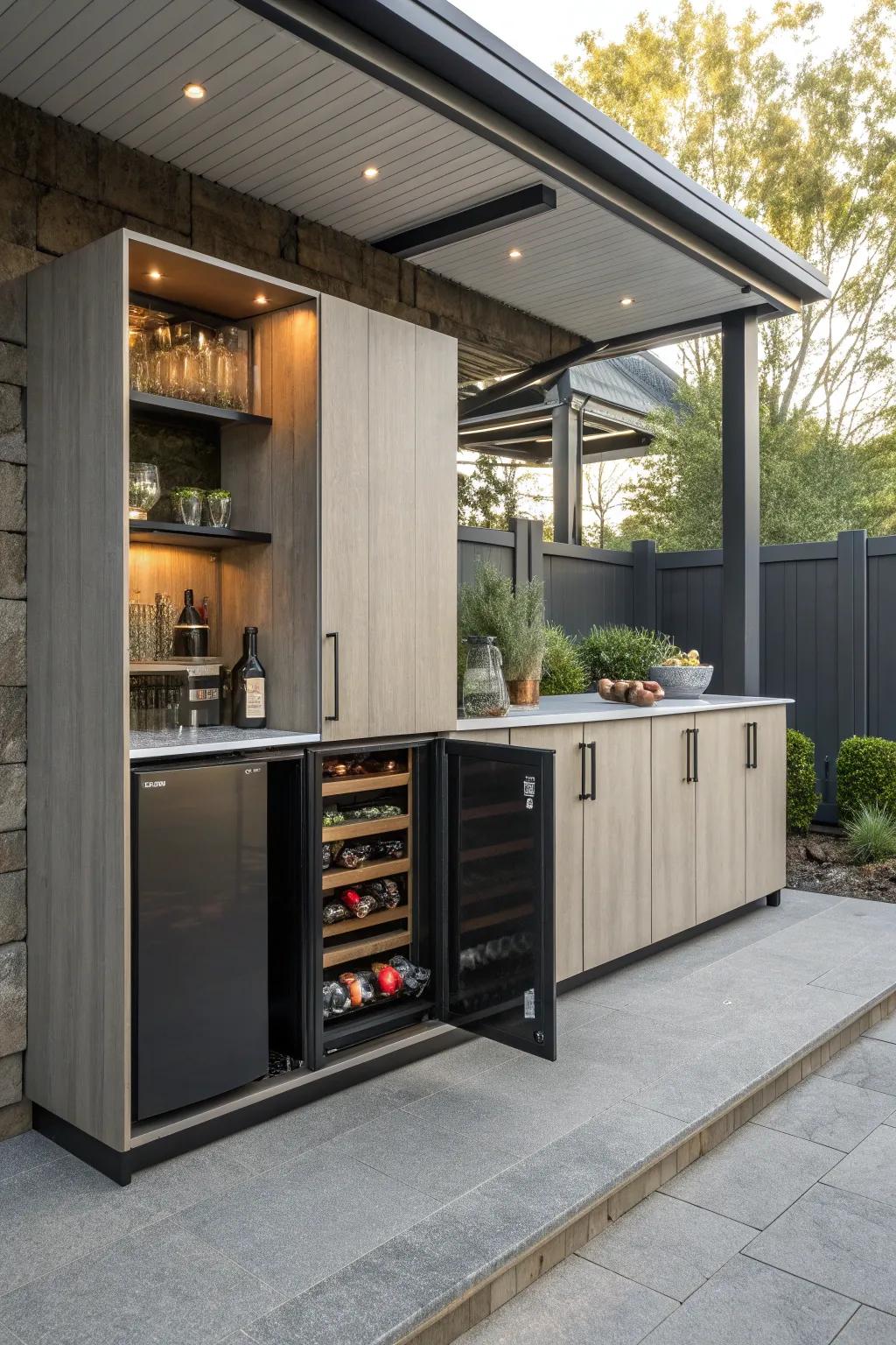 Discover the magic of hidden storage within your outdoor cabinets for a clean look.