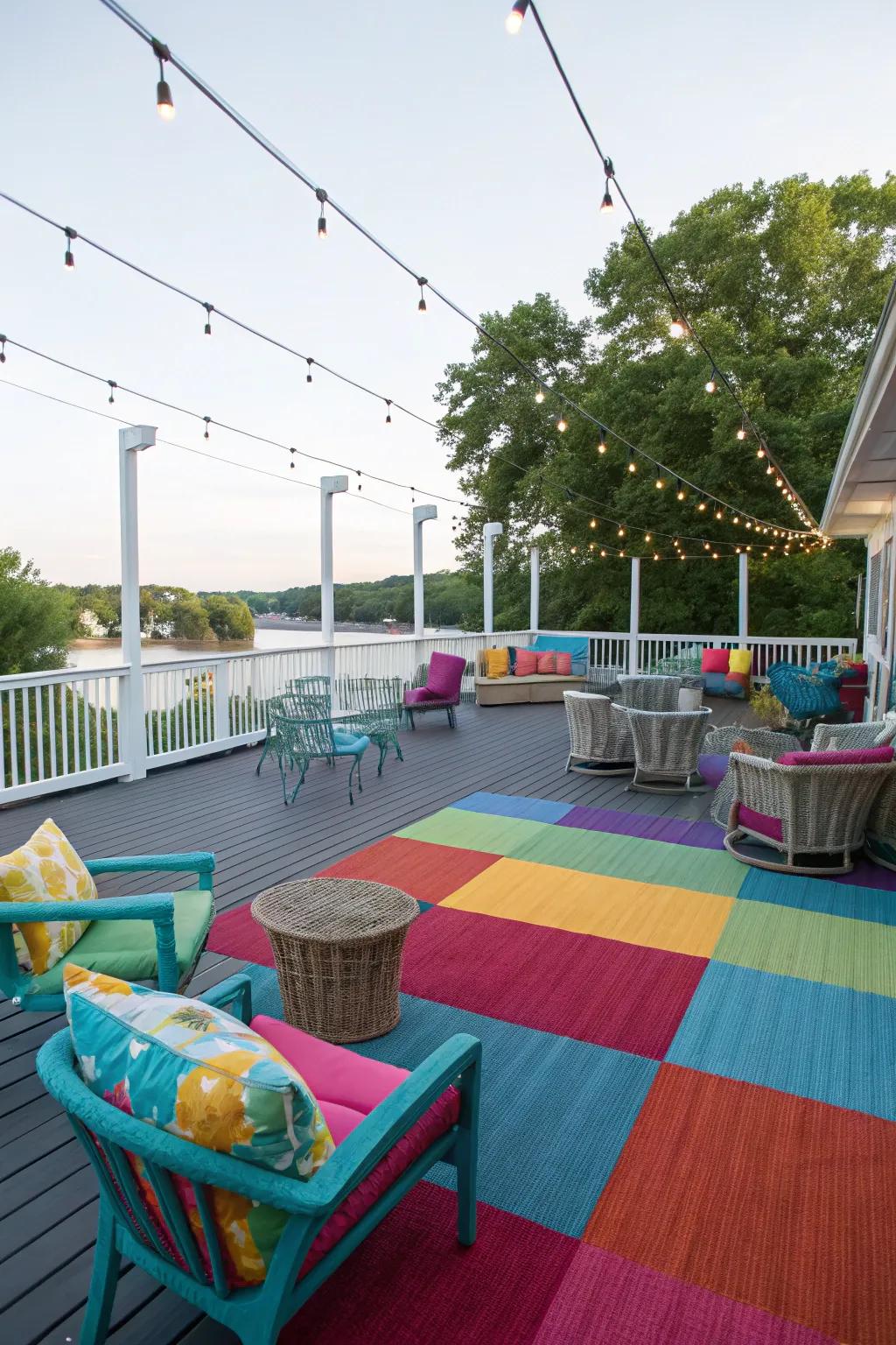 Make your deck party-ready with vibrant carpets and plenty of seating.
