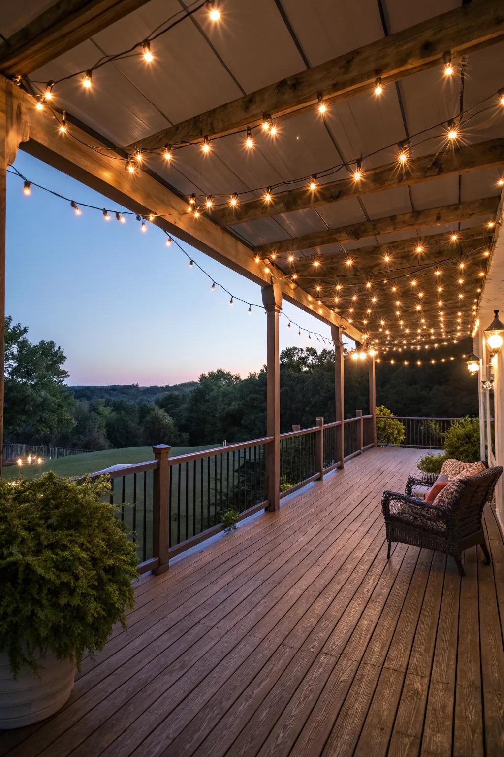 String lights under a roof for a romantic deck setting.