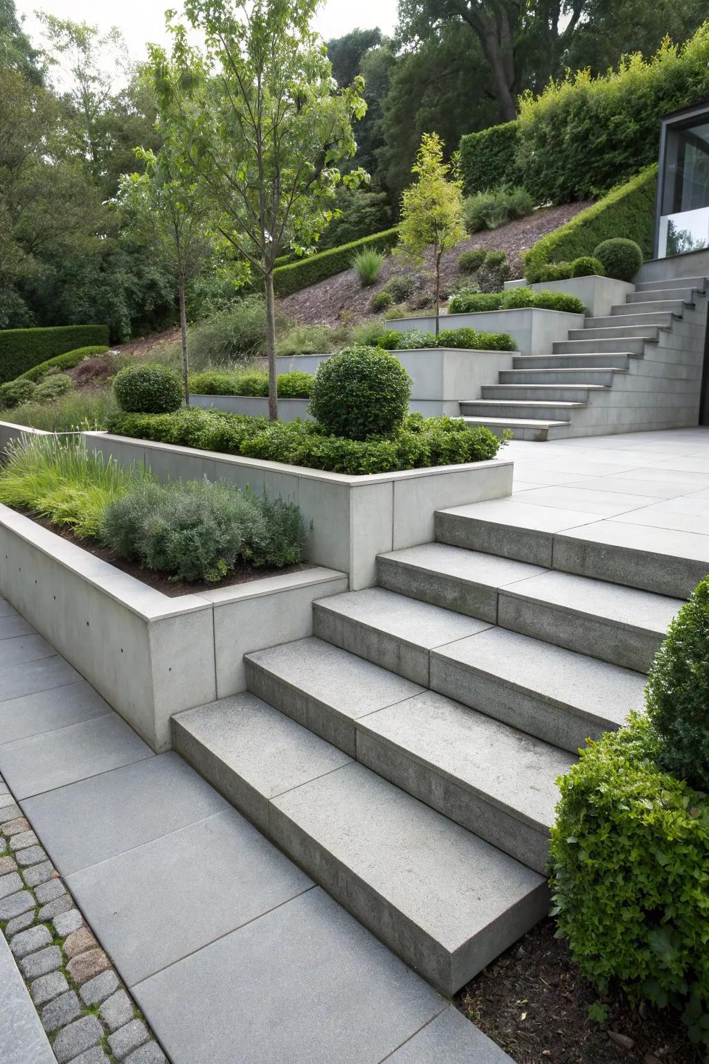 Concrete block steps offer a durable, minimalist appeal.