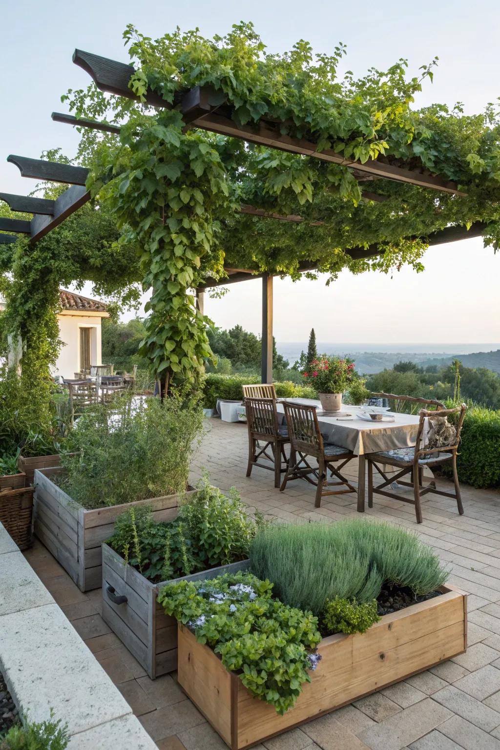 An herb garden adds fresh flavors to your pergola dining.
