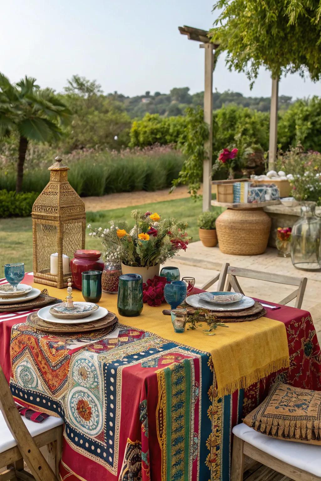 Travel the world from your backyard with a globally inspired dining setup.