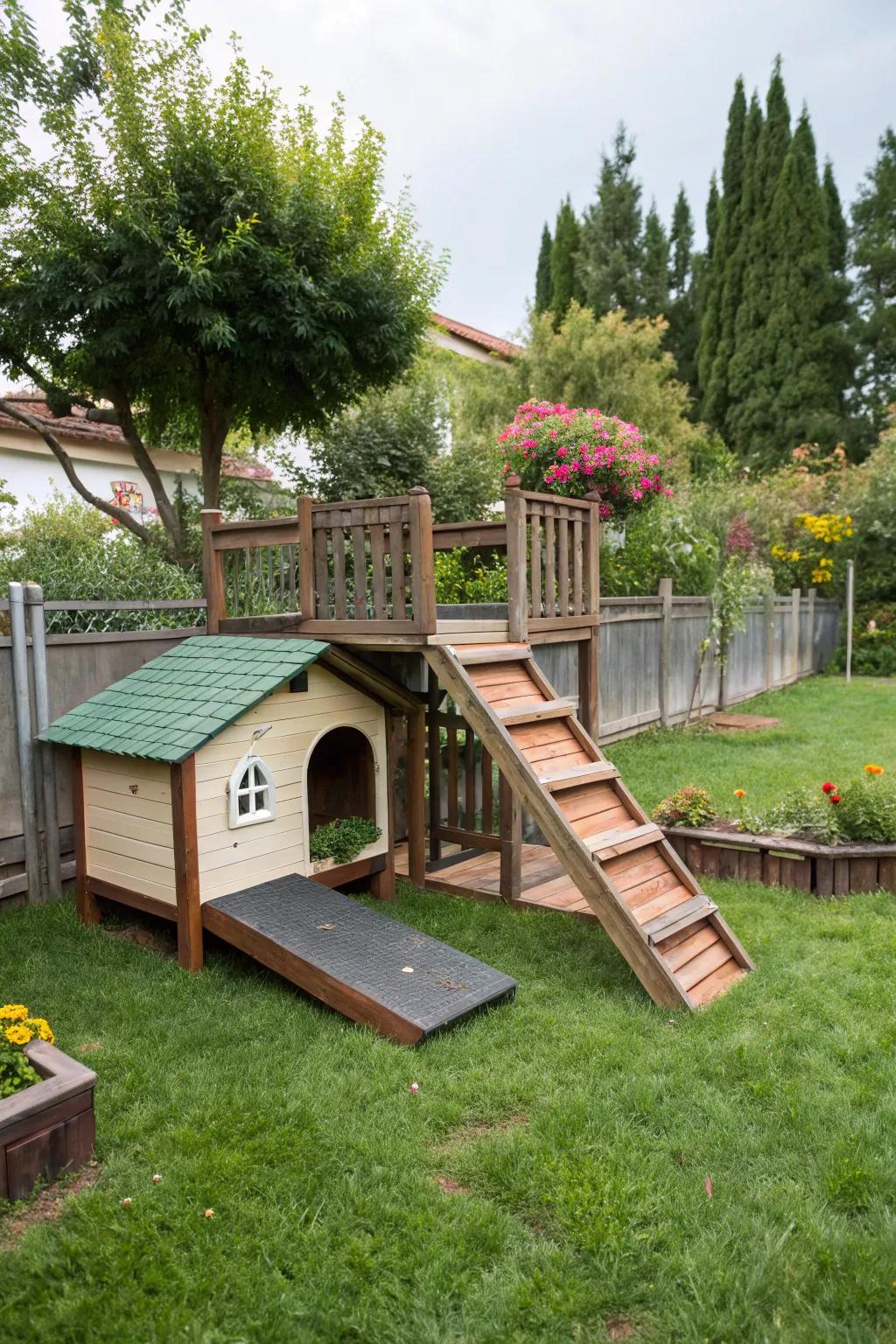 A dog house with an adventure playground design.