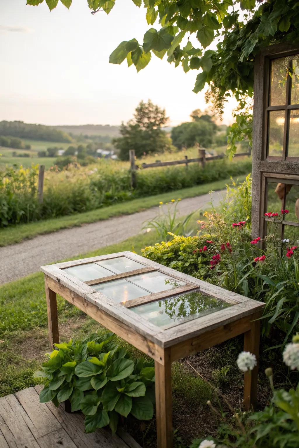 A window frame table adds rustic elegance and historical charm to your garden.