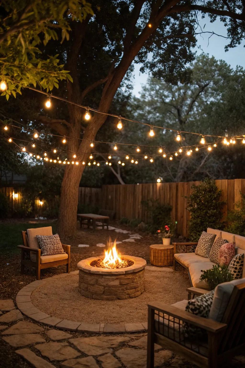 String lights add a magical glow to a fire pit area, enhancing the ambiance.