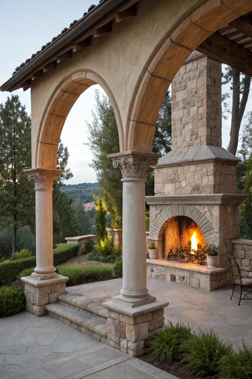 An impressive outdoor fireplace featuring elegant architectural arches and columns.