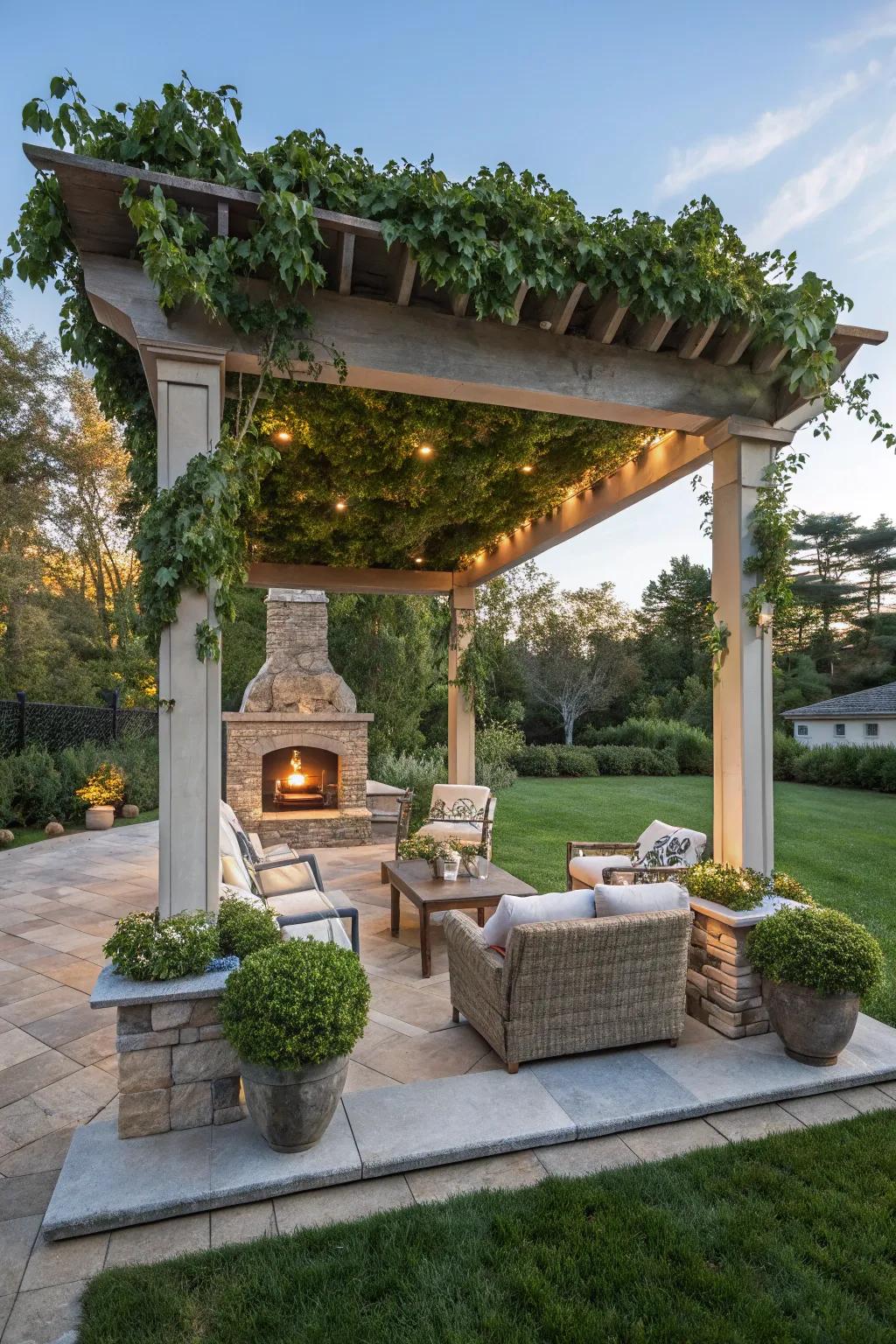 A dual-level pergola adds depth and architectural interest.