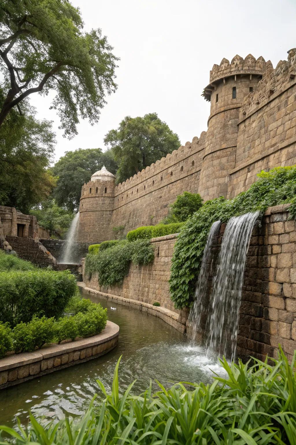 A fort with a water wall, bringing a refreshing element to outdoor play.
