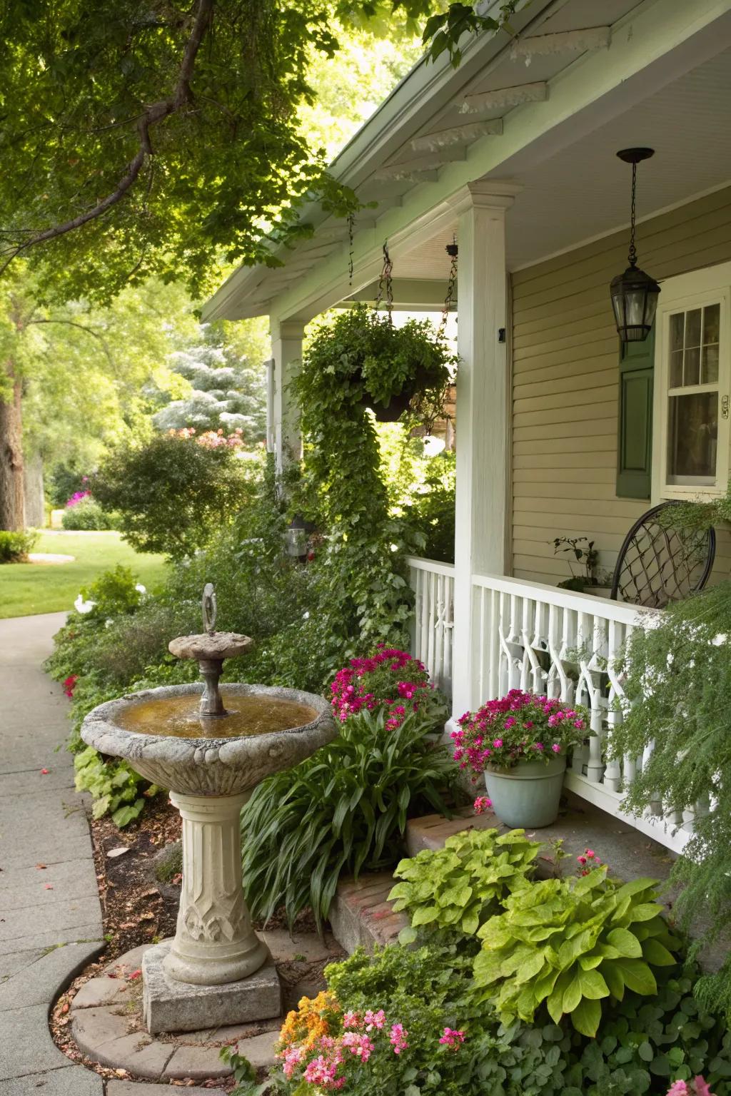A water feature adds tranquility and relaxation to this inviting porch.