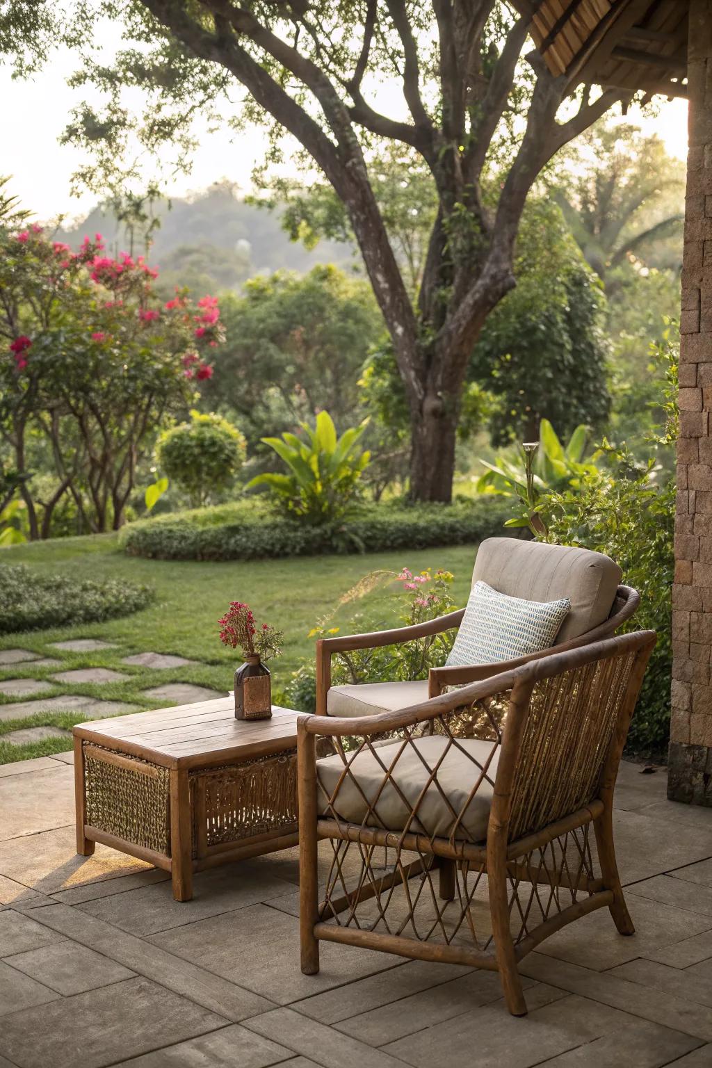 Natural materials create harmony in garden settings.