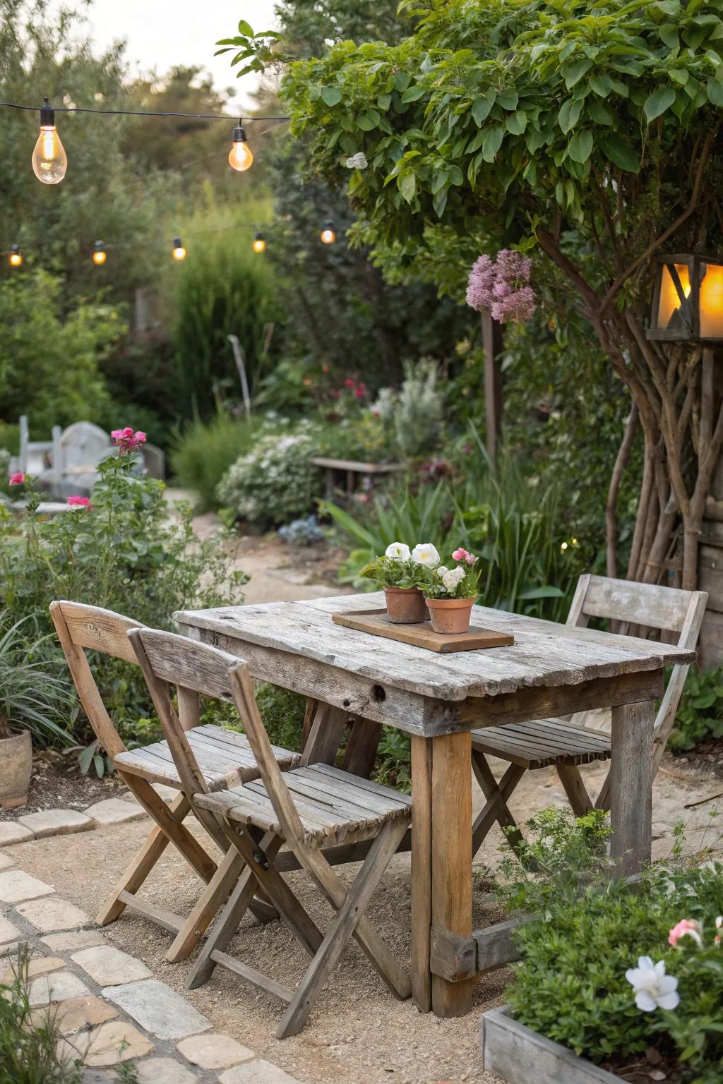 Add character with reclaimed wood furniture.