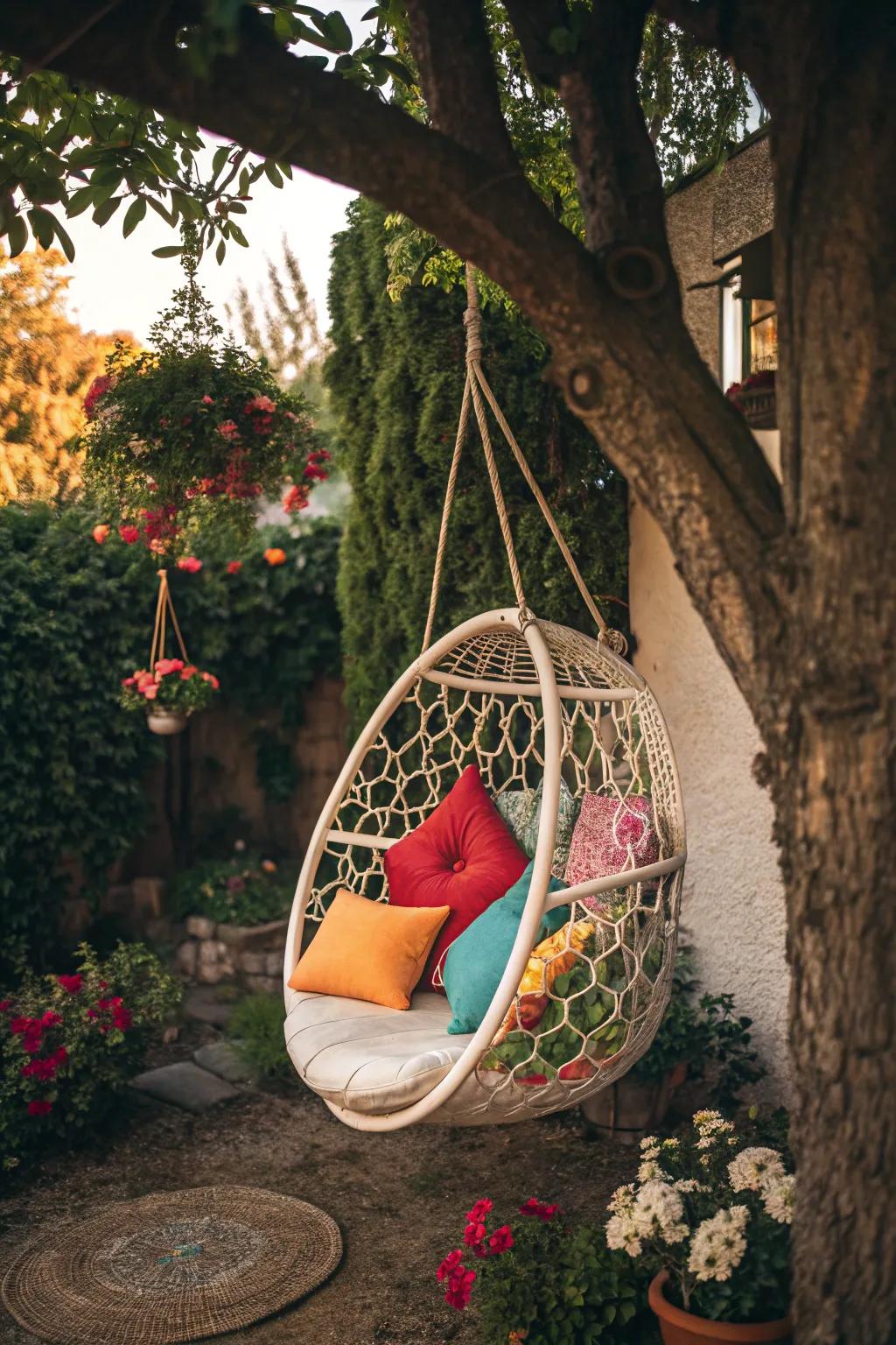 A playful hanging chair creating a cozy outdoor nook