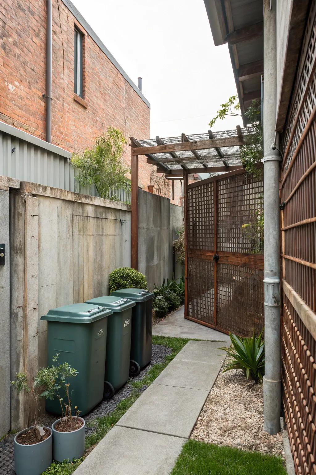 A recycled metal screen adds a modern edge while concealing garbage bins.
