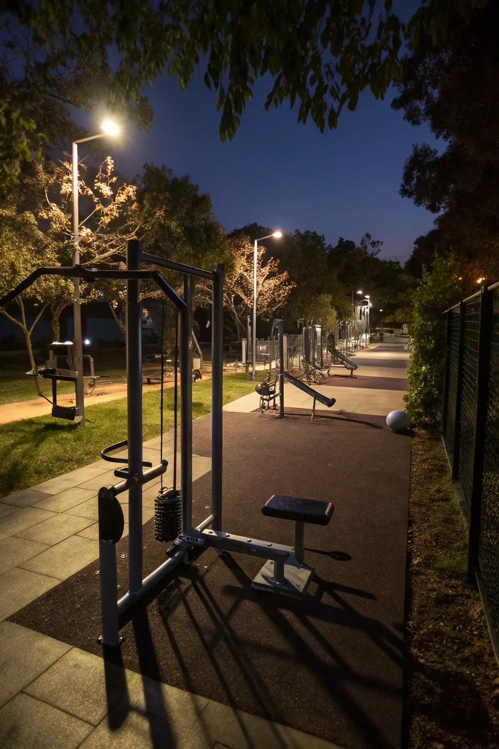 A nighttime oasis allows for serene evening exercise sessions.