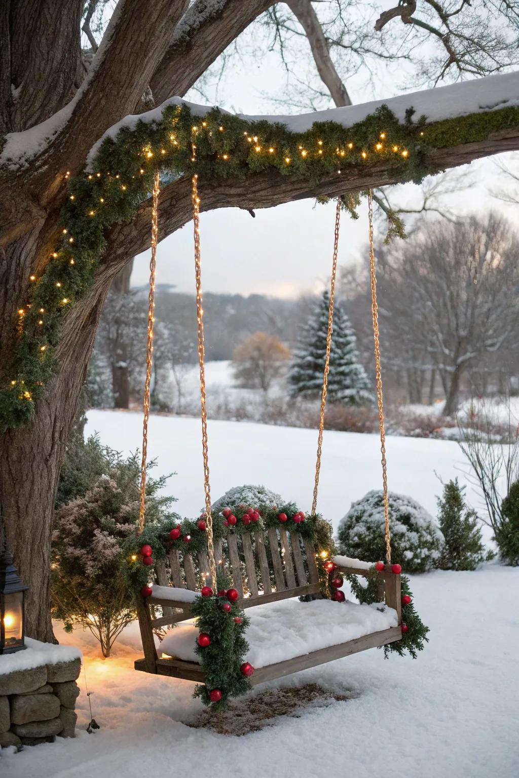 Add a playful touch to your garden with a garland-wrapped swing.
