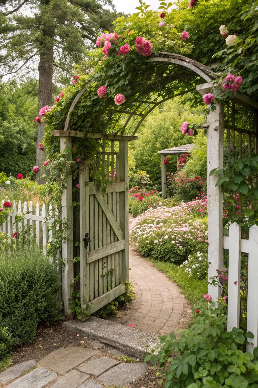 Gates with adjoining structures create cohesive and inviting entryways.