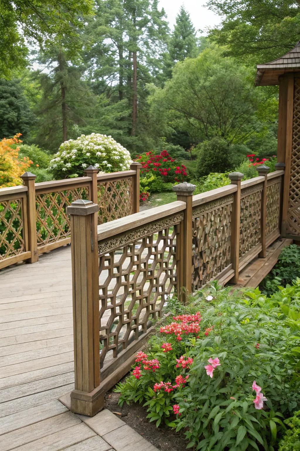 Lattice patterns in wood railings add classic style.