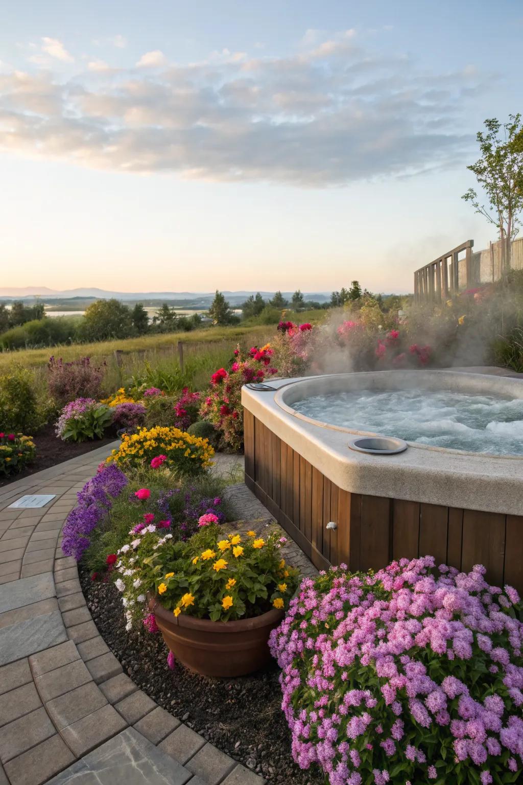 Colorful flower beds bring vibrancy and life to your hot tub setting.