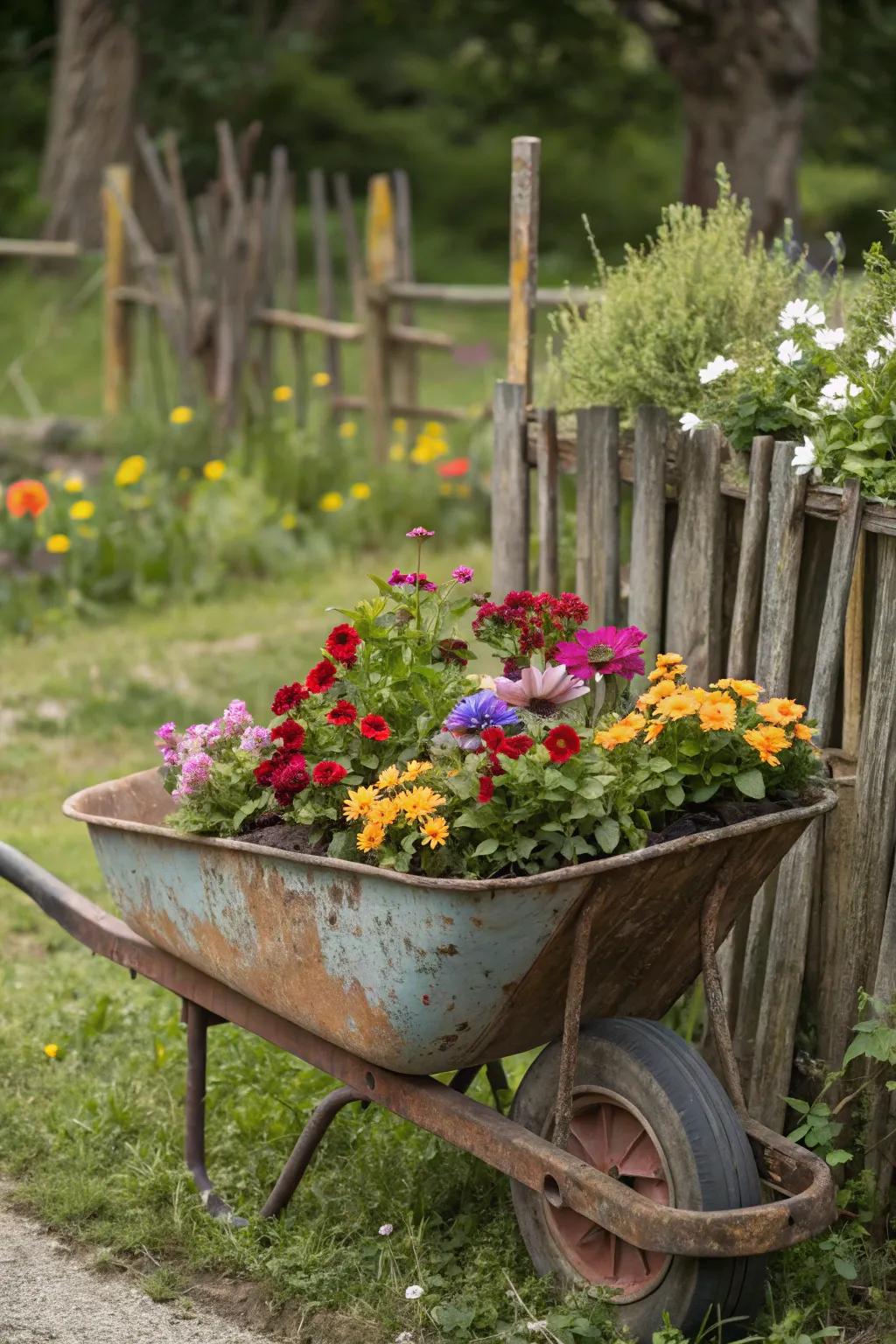 A repurposed wheelbarrow becomes a unique and vibrant flower bed.