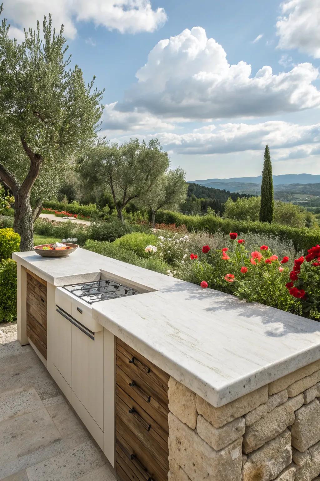 Travertine: timeless elegance for a sunlit kitchen.