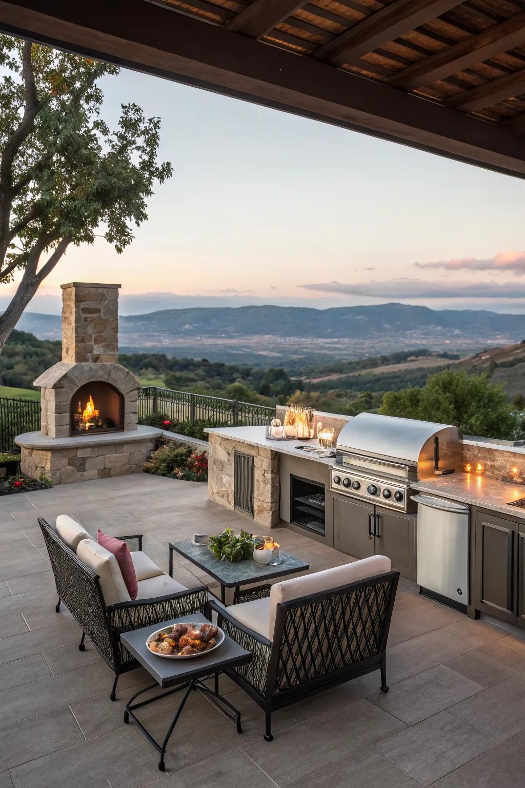 An outdoor kitchen fireplace with a breathtaking panoramic view, creating a stunning dining experience.