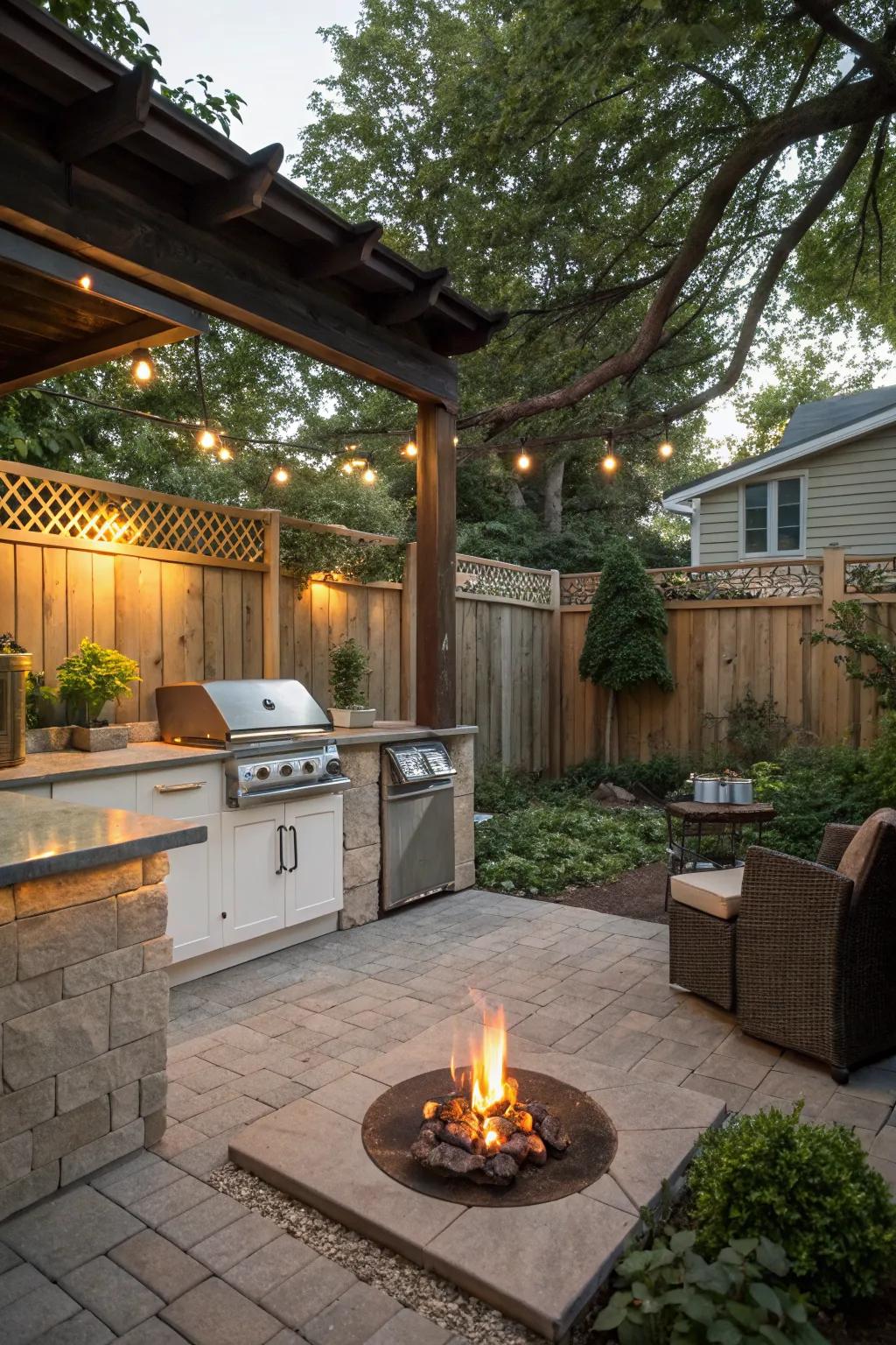 A fire feature adds warmth and ambiance to an outdoor kitchen.