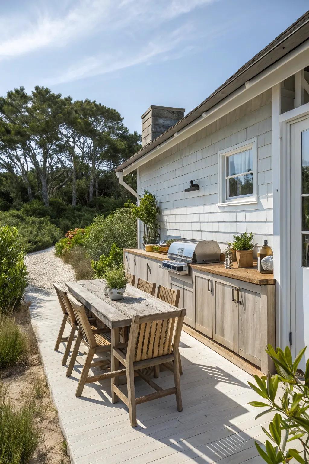 Shiplap siding adds coastal charm and beachy vibes to outdoor kitchens.