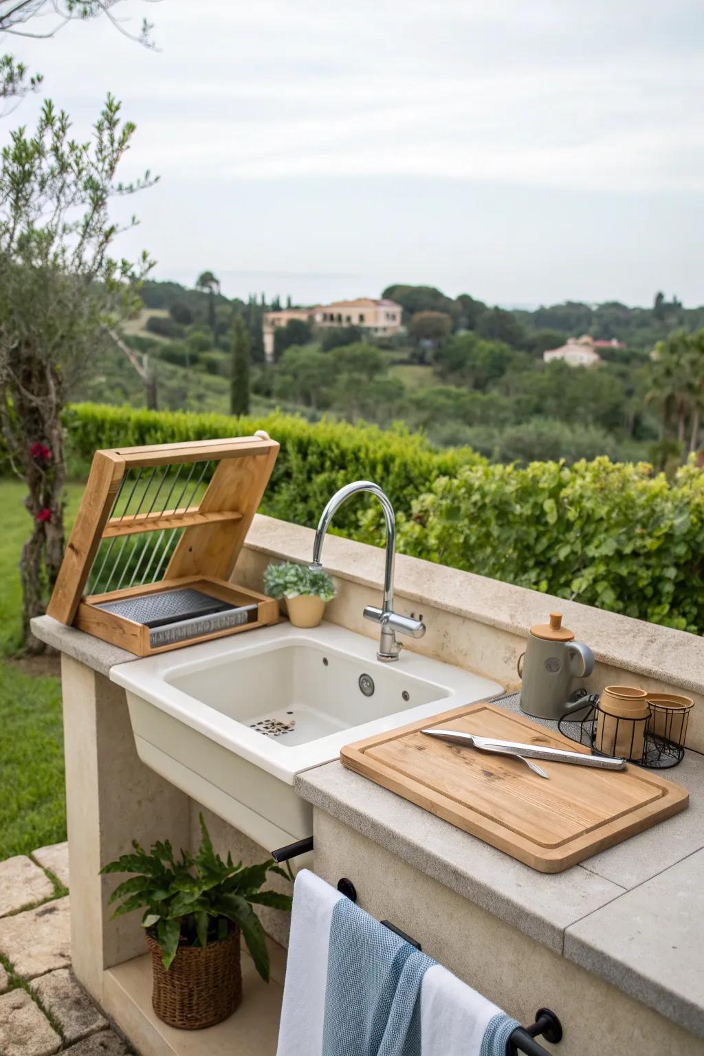 Multifunctional sink features for practical outdoor use.