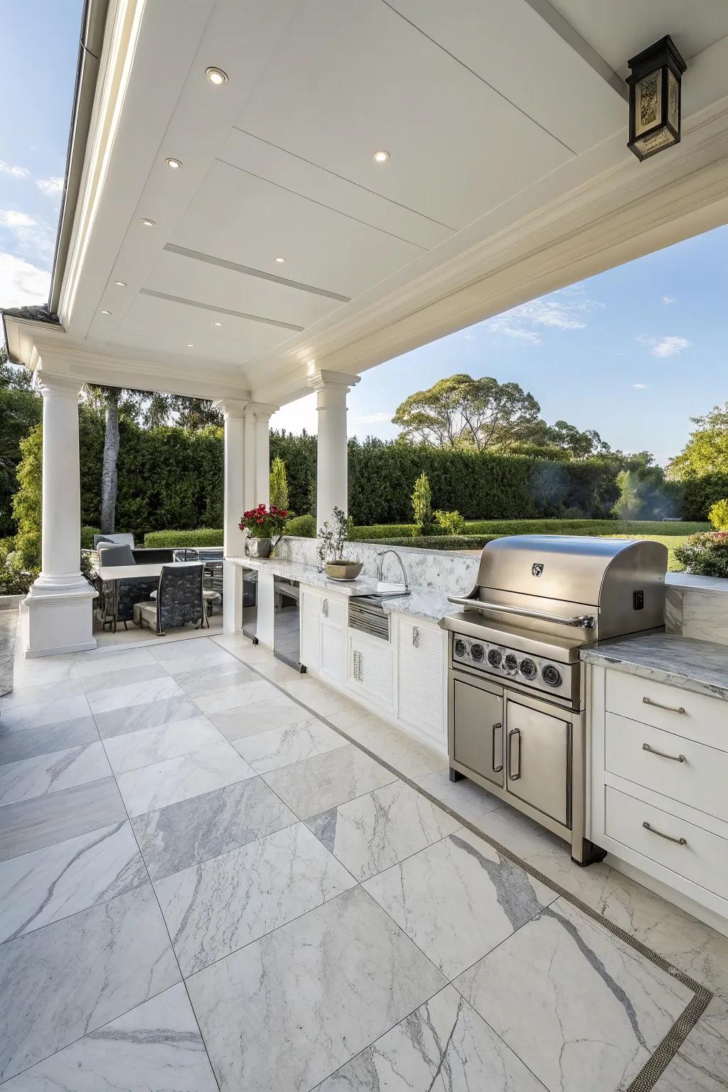 Elegant marble tiles adding a luxurious touch to an outdoor kitchen.