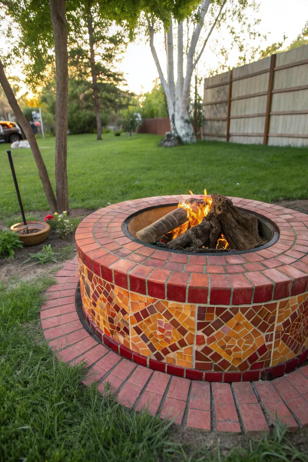 A warm and inviting mosaic fire pit surround perfect for gatherings.