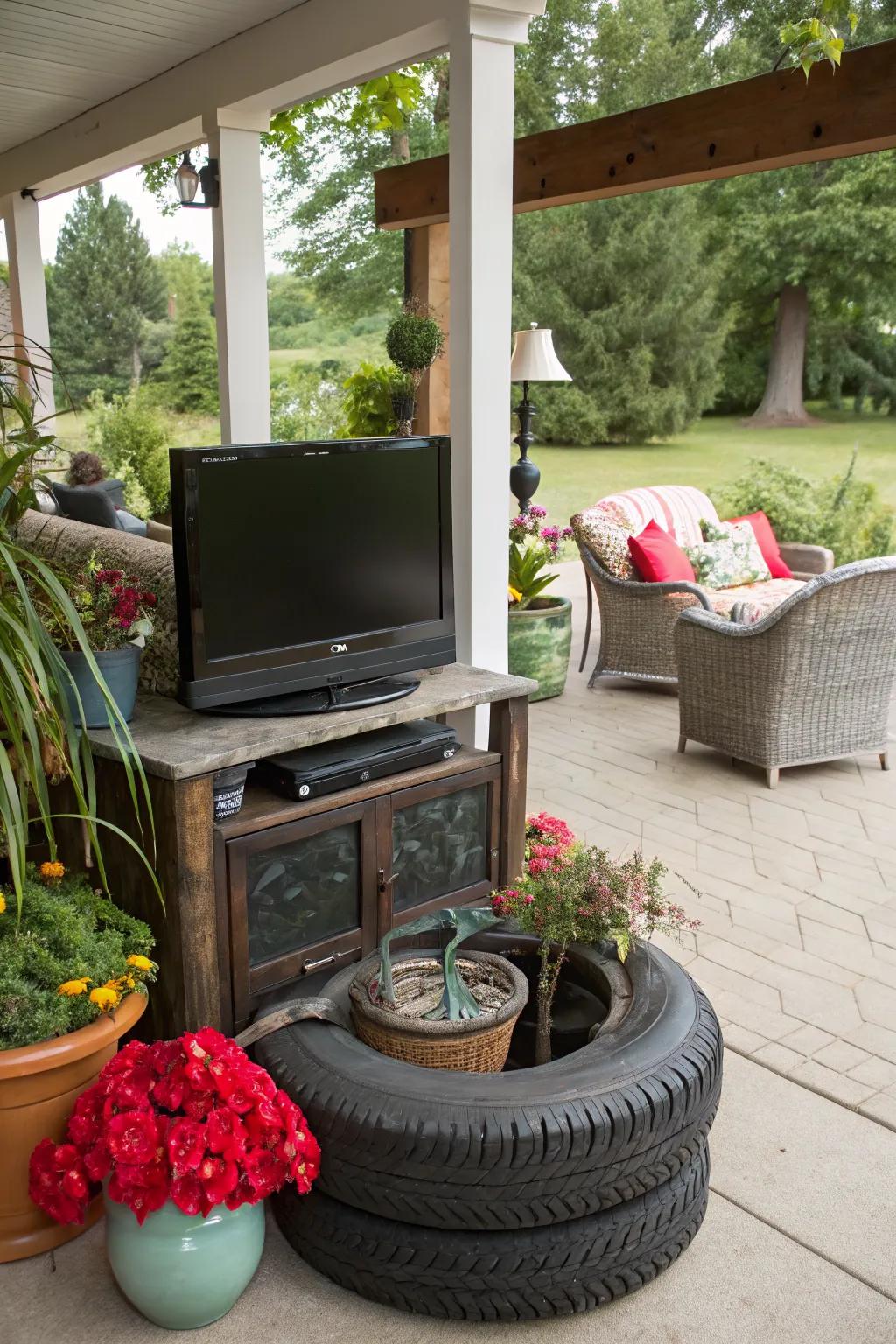 Add a funky twist with a TV stand made from reclaimed tires.